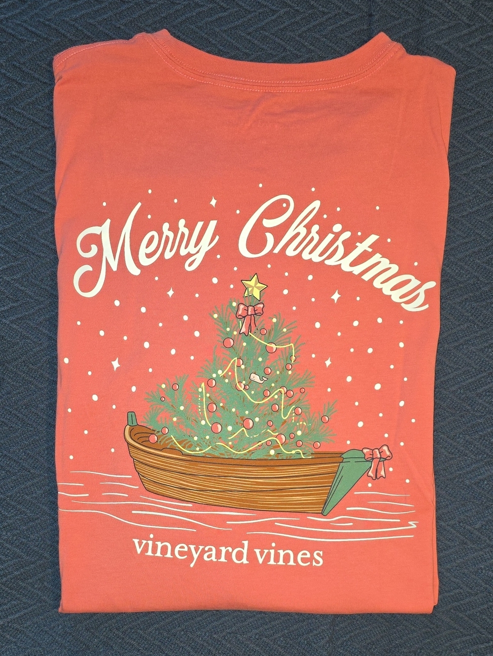 Vineyard Vines Coral Merry Christmas Tree Boat Tee